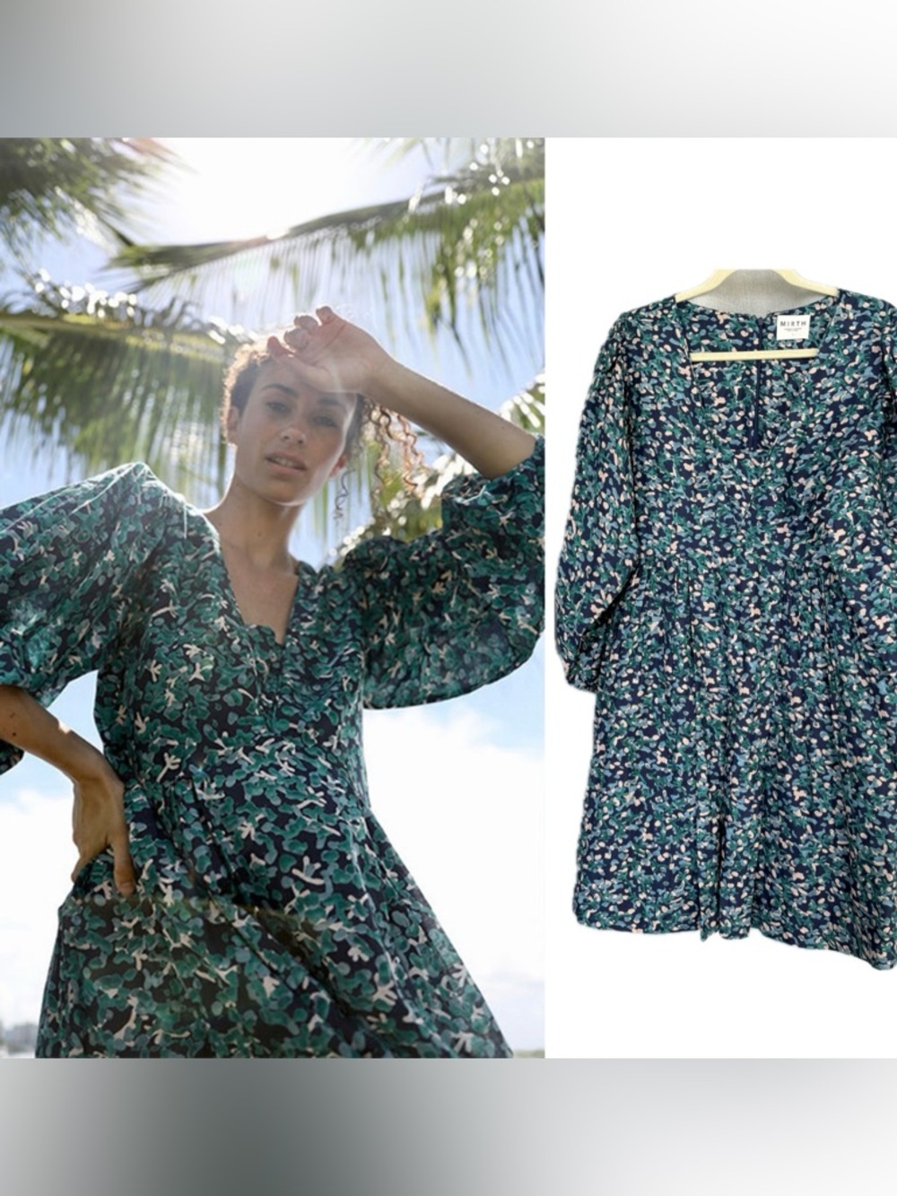 MIRTH NWOT Cotton Silk Blue Green 3/4 Sleeve Mini Dress L